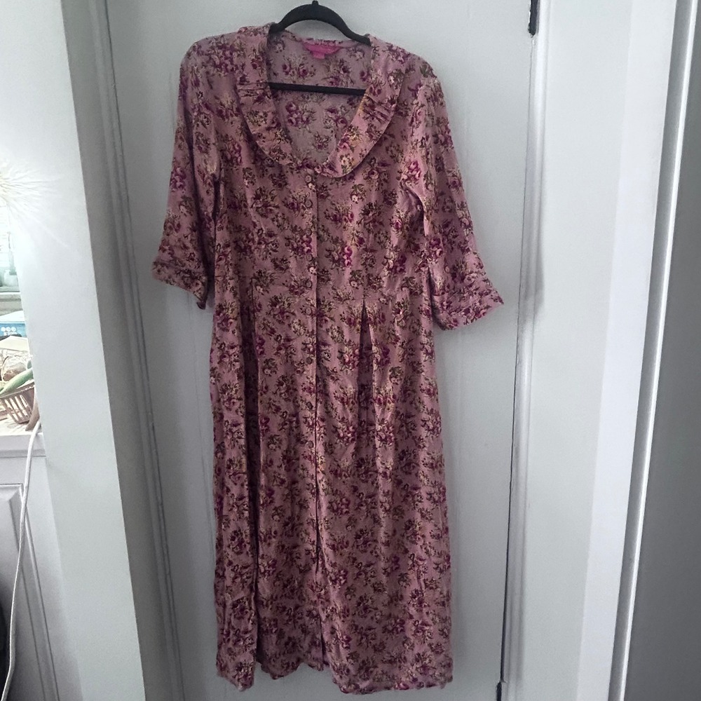 April Cornell Pink Floral Rayon Midi Dress Pleated Collar Pockets Womens Small